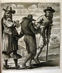 17e eeuwse gegraveerde illustratie uit een verzameling spreekwoorden. Parijs 1657-1663. Door Jacques Lagniet (1620-1675). Franse graveur. Van hem veel maatschappijkritische gravures en spotprenten zoals zijn soms groteske en fantastische illustraties