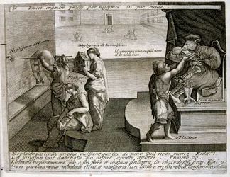 17e eeuwse gegraveerde illustratie uit een verzameling spreekwoorden. Parijs 1657-1663. Door Jacques Lagniet (1620-1675). Franse graveur. Van hem veel maatschappijkritische gravures en spotprenten zoals zijn soms groteske en fantastische illustraties