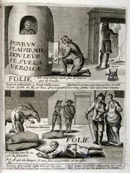 17e eeuwse gegraveerde illustratie uit een verzameling spreekwoorden. Parijs 1657-1663. Door Jacques Lagniet (1620-1675). Franse graveur. Van hem veel maatschappijkritische gravures en spotprenten zoals zijn soms groteske en fantastische illustraties