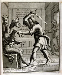 17e eeuwse gegraveerde illustratie uit een verzameling spreekwoorden. Parijs 1657-1663. Door Jacques Lagniet (1620-1675). Franse graveur. Van hem veel maatschappijkritische gravures en spotprenten zoals zijn soms groteske en fantastische illustraties