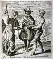 17e eeuwse gegraveerde illustratie uit een verzameling spreekwoorden. Parijs 1657-1663. Door Jacques Lagniet (1620-1675). Franse graveur. Van hem veel maatschappijkritische gravures en spotprenten zoals zijn soms groteske en fantastische illustraties