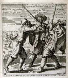 17e eeuwse gegraveerde illustratie uit een verzameling spreekwoorden. Parijs 1657-1663. Door Jacques Lagniet (1620-1675). Franse graveur. Van hem veel maatschappijkritische gravures en spotprenten zoals zijn soms groteske en fantastische illustraties