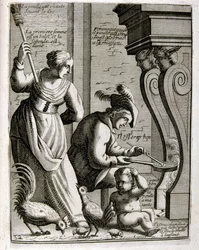 17e eeuwse gegraveerde illustratie uit een verzameling spreekwoorden. Parijs 1657-1663. Door Jacques Lagniet (1620-1675). Franse graveur. Van hem veel maatschappijkritische gravures en spotprenten zoals zijn soms groteske en fantastische illustraties