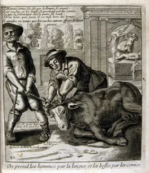 17e eeuwse gegraveerde illustratie uit een verzameling spreekwoorden. Parijs 1657-1663. Door Jacques Lagniet (1620-1675). Franse graveur. Van hem veel maatschappijkritische gravures en spotprenten zoals zijn soms groteske en fantastische illustraties