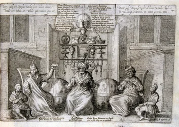 17e eeuwse gegraveerde illustratie uit een verzameling spreekwoorden. Parijs 1657-1663. Door Jacques Lagniet (1620-1675). Franse graveur. Van hem veel maatschappijkritische gravures en spotprenten zoals zijn soms groteske en fantastische illustraties