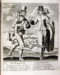 17e eeuwse gegraveerde illustratie uit een verzameling spreekwoorden. Parijs 1657-1663. Door Jacques Lagniet (1620-1675). Franse graveur. Van hem veel maatschappijkritische gravures en spotprenten zoals zijn soms groteske en fantastische illustraties
