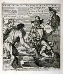 17e eeuwse gegraveerde illustratie uit een verzameling spreekwoorden. Parijs 1657-1663. Door Jacques Lagniet (1620-1675). Franse graveur. Van hem veel maatschappijkritische gravures en spotprenten zoals zijn soms groteske en fantastische illustraties