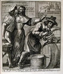 17e eeuwse gegraveerde illustratie uit een verzameling spreekwoorden. Parijs 1657-1663. Door Jacques Lagniet (1620-1675). Franse graveur. Van hem veel maatschappijkritische gravures en spotprenten zoals zijn soms groteske en fantastische illustraties