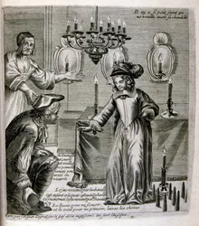 17e eeuwse gegraveerde illustratie uit een verzameling spreekwoorden. Parijs 1657-1663. Door Jacques Lagniet (1620-1675). Franse graveur. Van hem veel maatschappijkritische gravures en spotprenten zoals zijn soms groteske en fantastische illustraties