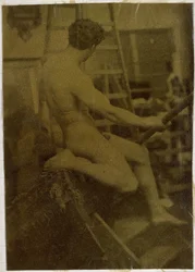 Studie van een mannelijk naaktmodel, op de rug gezien, in het atelier van Jacques de Lalaing