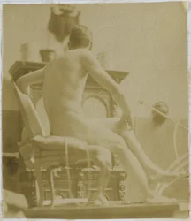 Studie van een mannelijk naaktmodel, zittend op een fauteuil