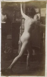Studie van een vrouwelijk naaktmodel, op de rug gezien, in het atelier van Jacques de Lalaing