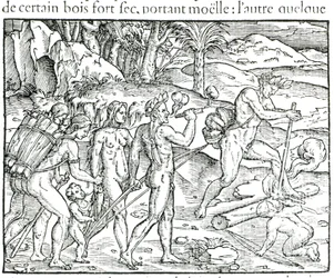 Indianen maken vuur na de jacht, gegraveerd door Theodor de Bry (1525-75)