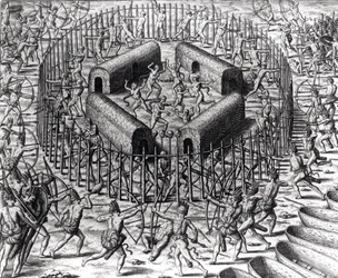 Johannes Staden helpt de Indianen die hem gevangen hebben genomen te verdedigen tegen de Tuppin Tkins, gegraveerd door Theodore de Bry (1528-98), uit 