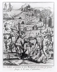 De Indianen vallen de priesters en anderen aan en steken hun huizen in brand, gravure uit 