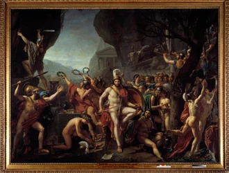 Leonidas bij Thermopylae. Episode van de Slag bij Thermopylae in 480 v.Chr., waarin de Grieken tegenover de Perzen van Xerxes I staan: Leonidas I, koning van Sparta, houdt zijn wapens vast en zit op een rots nabij het altaar van Hercules; op de