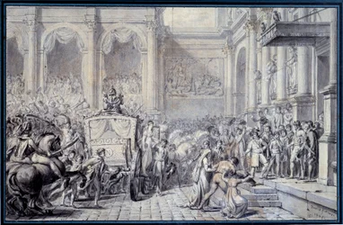 De aankomst van de koets van keizer Napoleon I (1769-1821) bij het stadhuis van Parijs op 16/12/1804 ter gelegenheid van zijn regering Tekening door Jacques Louis David (1748-1825) 1804 Zon. 0,26x0,4 m Parijs, Musée du Louvre
