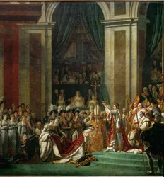 De kroning van Napoleon I door paus Pius VII in de kathedraal Notre-Dame de Paris ...