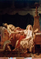 Het verdriet van Andromache. Hectors weduwe, gedood door Achilles, afgebeeld met het lichaam van haar man. Schilderij door Jacques Louis David (1748-1825) Parijs, Musee du Louvre