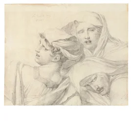 Drie vrouwen in klassieke kleding, borstlengte, met angstige uitdrukkingen, 1819