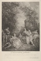 Galante conversatie: koppels in gesprek in een tuin, 1743
