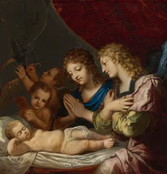 Engelen die de slapende Christus aanbidden