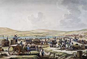 Napoleon bezoekt de belegeringswerken in Danzig geleid door maarschalk Lefebvre, gravure door Francois Jacques Dequevauviller, tekening door Jacques Francois Joseph Swebach-Desfontaines