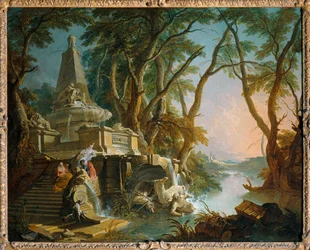 Fantasielandschap: de rivier, ook bekend als de piramidale fontein met een gebroken beeld van Neptunus - Fantasielandschap: de rivier ...
