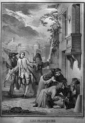 Les Plaideurs Illustratie naar Jacques de Sève voor de werken van Jean Racine (1639-1699), Franse tragische dichter. gravure van 1760