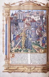 Verlicht manuscript met een koning en zijn leger voor een stad, 1503-04