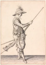 Een soldaat die een musket laadt, "Ramme in your Pouder".