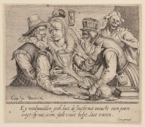 Een jonge vrouw tussen een jonge man en een oude man, uit Unequal Lovers