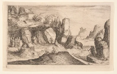 Landschap met een grot en kluizenaars, uit Landschappen