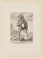 Soldaat, gewapend met slagzwaard en schild, van officieren en soldaten van de lijfwacht van keizer Rudolph II