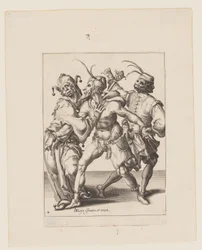 Drie dansende trommelaars en een nar, uit De maskerades