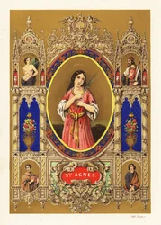 Portret van Sint Agnes van Rome, maagd en martelaar, met halo en palmtak binnen decoratieve rand