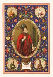 Portret van Sint Hilarius, bisschop van Poitiers, met mijter en staf, binnen decoratieve rand van loof