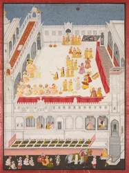 Maharana Jagat Singh woont de Raslila bij, 1736