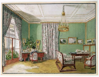 Een dame aan haar schrijftafel in een Biedermeier-salon, ca. 1821