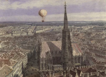 Ballonvaart boven Wenen (Gezicht op Wenen vanuit het zuidwesten met een ballon boven de stad)