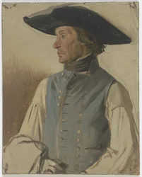 Boer met grote hoed en blauw vest