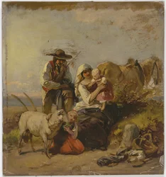 Boerenfamilie met paard en geit op het veld