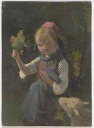 Boerenmeisje met bloemenboeket, van rechts een schaap