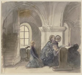 Biddende boeren in een kerk