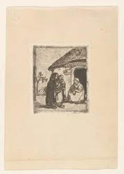 Twee vrouwen en kind voor een huis