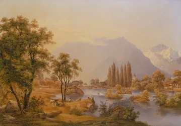 Een Uitzicht op de Rivier Aare en Interlaken met de Kerk van het Klooster
