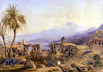 Taormina in Sicilië: de ruïnes en Etna. Schilderij door Jacob Suter, circa 1850