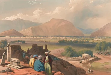 Caubul [sic], vanaf een begraafplaats op de bergkam, noordoost van de stad (getinte litho)