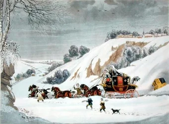 Een postkoets in diepe sneeuw, gegraveerd door George Hunt