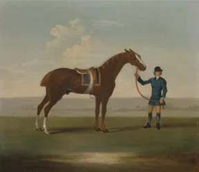 Een Kastanjebruin Paard (mogelijk Old Partner) Gehouden door een Knecht